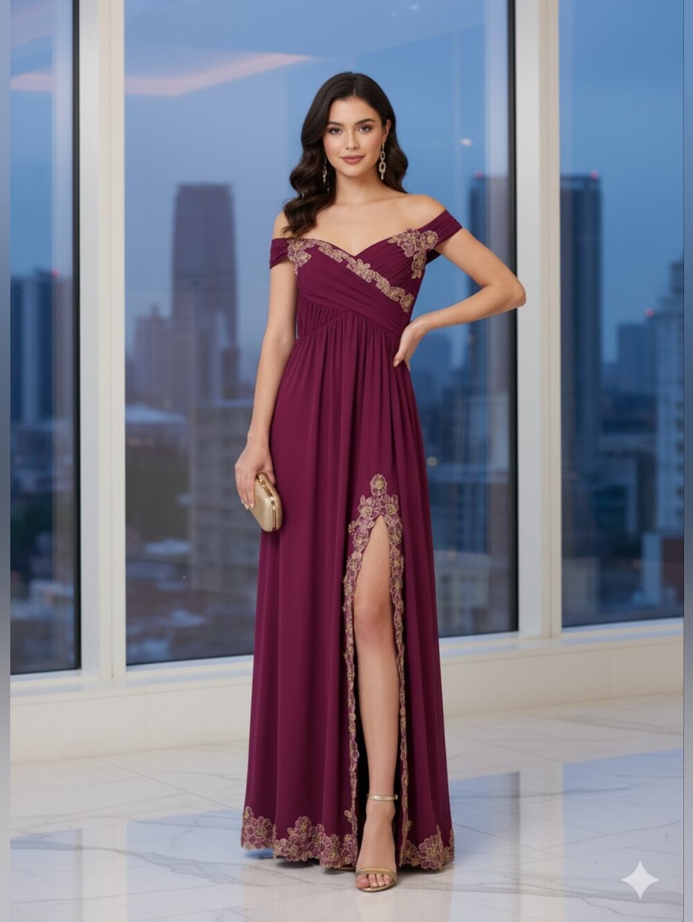ASOS Elegant Off-Shoulder Burgundy Dress with Gold Accents XS